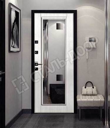 Входная дверь для квартиры белого цвета с зеркалом внутри