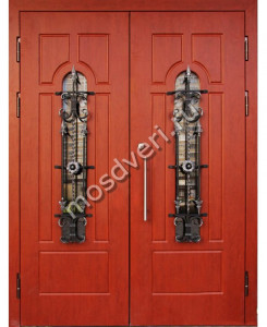 Двустворчатая дверь МДФ с натуральным шпоном, ковка и стекло